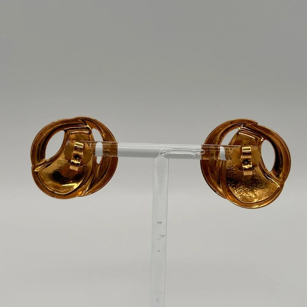 Vintage Gold Tone Red Enamel Swirl Stud Earrings Retro Statement Jewelry